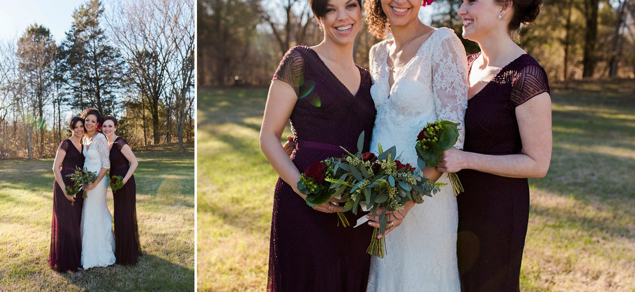Bride and bridesmaids, wearing deep wine colored dresses