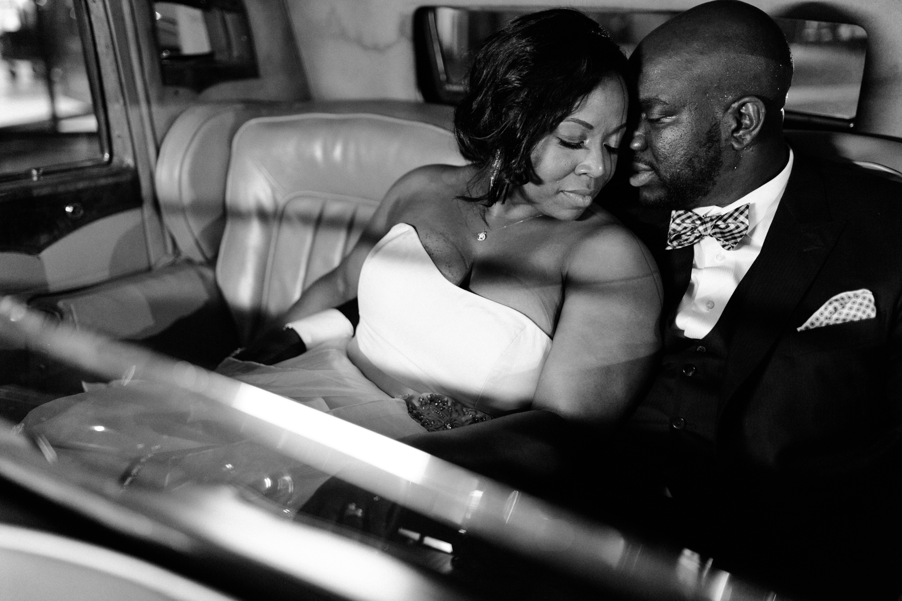 Black and white night portrait of African American bride and groom