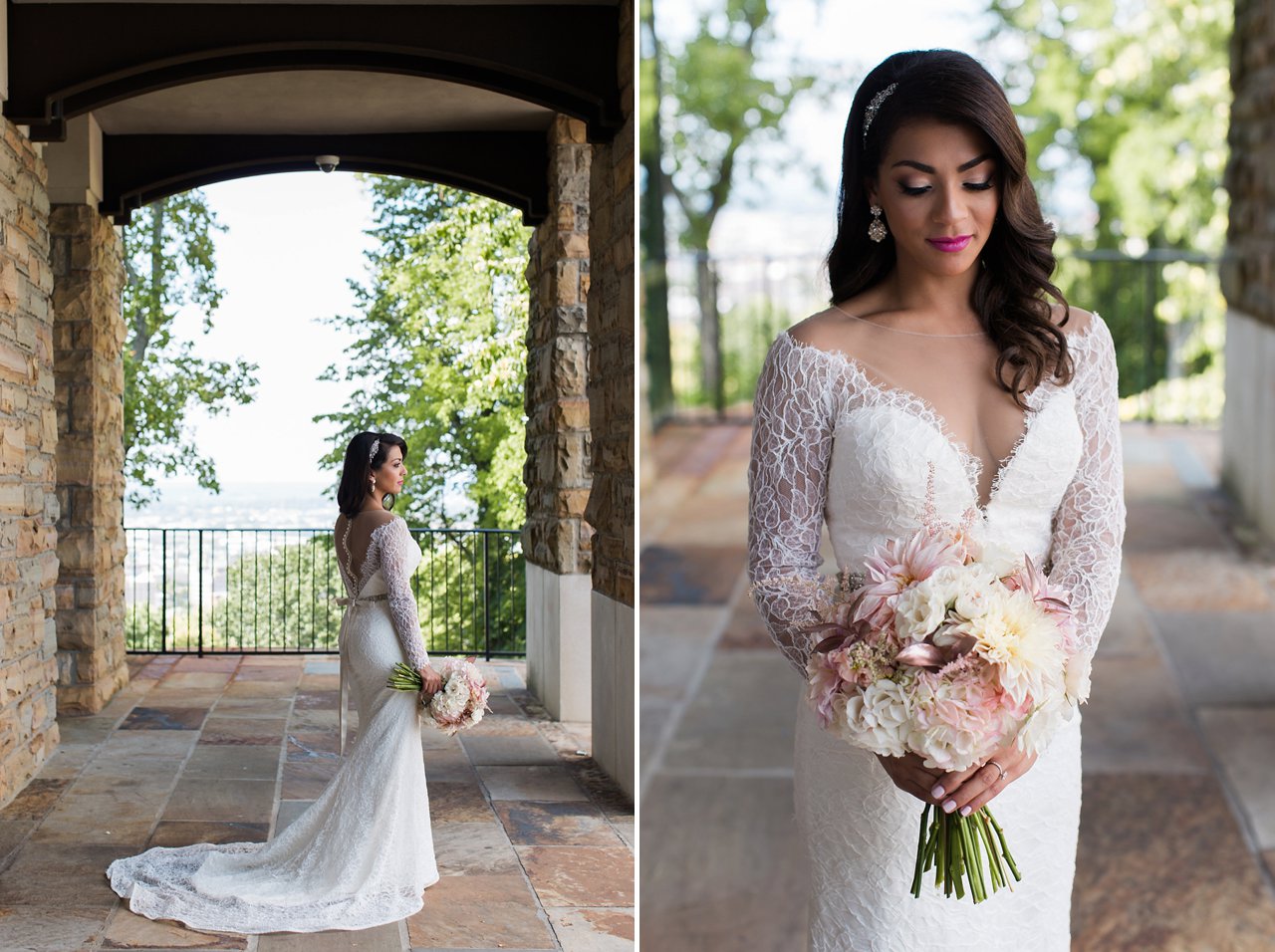 Traditional wedding day portrait of bride wearing long sleeve lace wedding dress with plunging illusion neckline, holding rose gold and blush bouquet. 