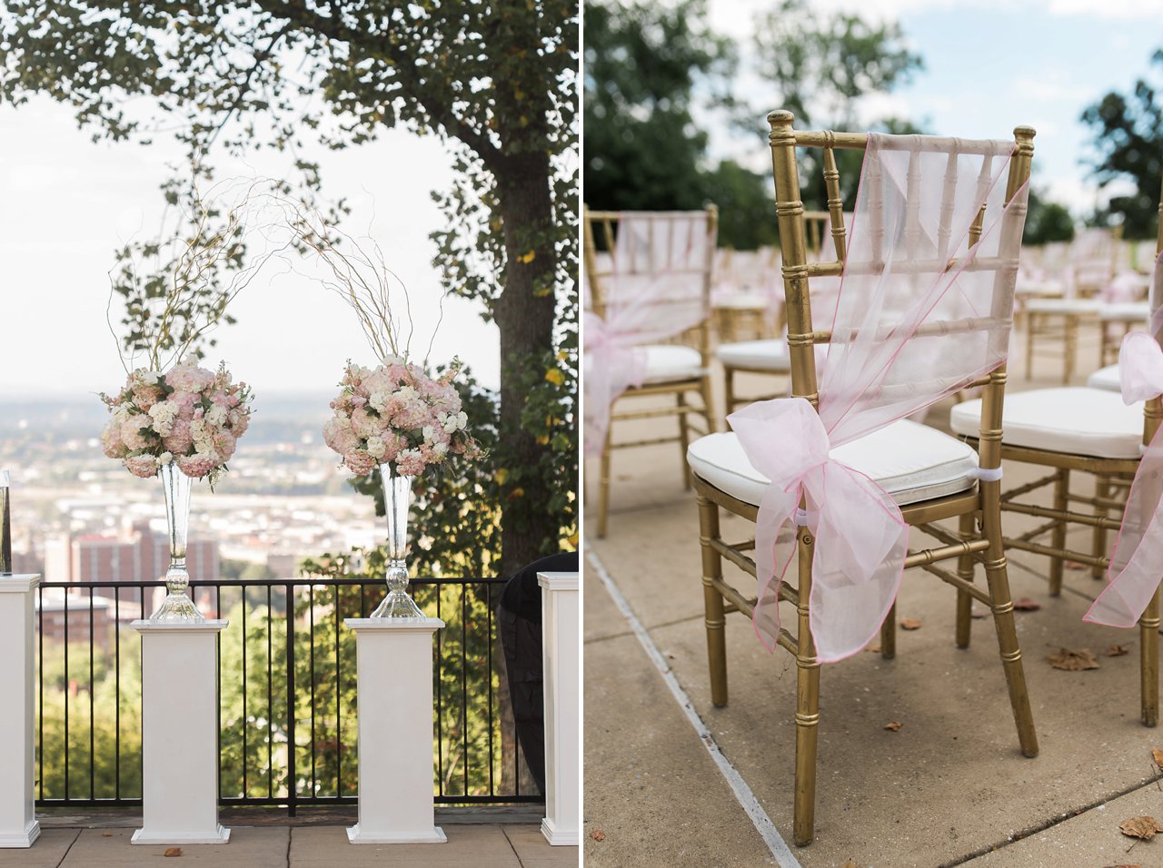 Blush and gold floral wedding day details, altar. 